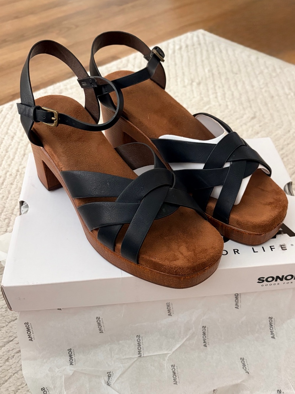 Women's Black Strappy Platform Sandals with Brown Suede Footbed